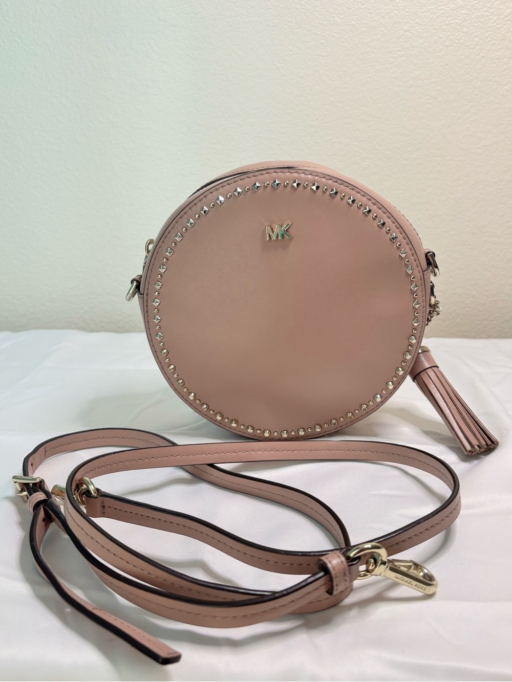 Michael Kors Delaney Leather Studded Round Canteen Crossbody with Tassel